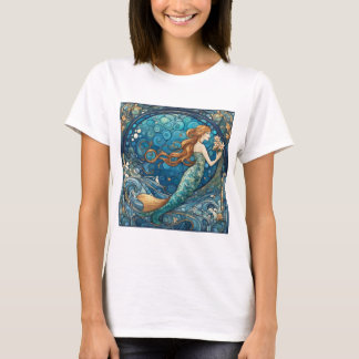 Camiseta Linda Sereia Arte Nouveau Arte Estilo Azul