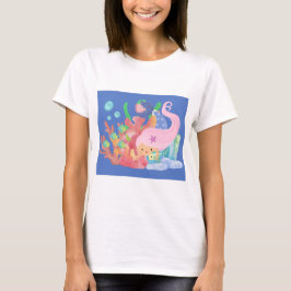 Camiseta Linda sereia-do-cabelo-rosa brincando abraçando um