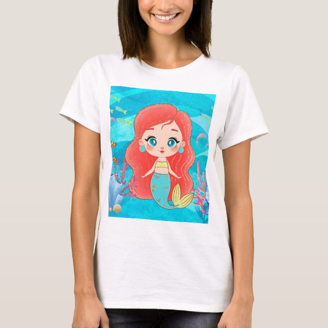Camiseta Linda sereia do CABELO VERMELHO tocando no mar (Frente)