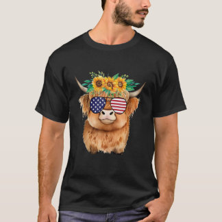 Camiseta Linda Vaca das Terras Altas Escocesas Floral Aquar