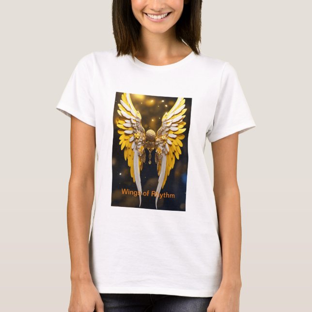 Camiseta Lindas asas de anjo em amarelo e ouro (Frente)