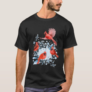 Camiseta Lindas Aves Cardinais Vermelhas Cena De Inverno Pa