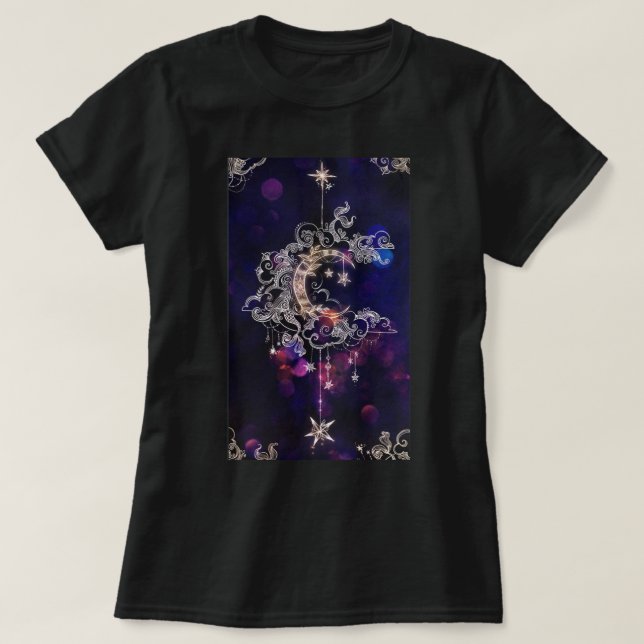 Camiseta Lindas Boho Lua Estrelas Azul Roxo Mulheres (Frente do Design)