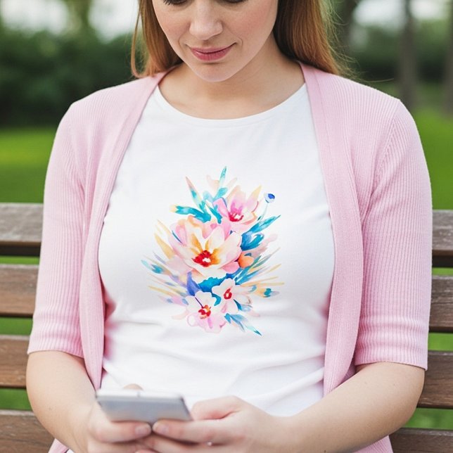 Camiseta Lindas flores em aquarela rosa e azul (Criador carregado)