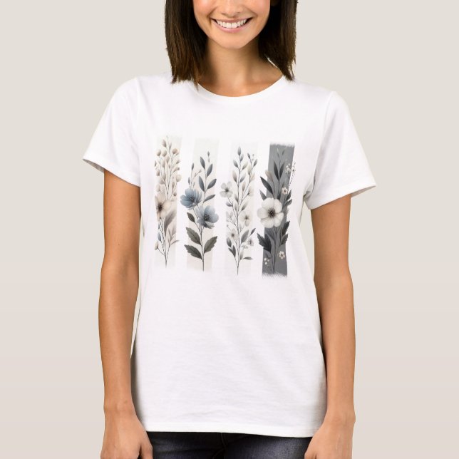 CAMISETA LINDAS FLORES SILVESTRES PASTEL CINZA E BRANCO (Frente)