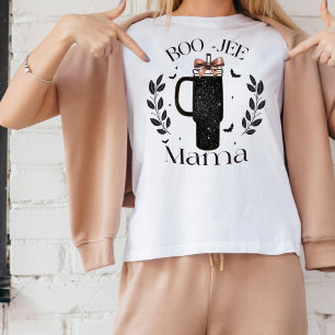 Camiseta Lindo Boo-Jee Mama de Faux Brilho para o Halloween
