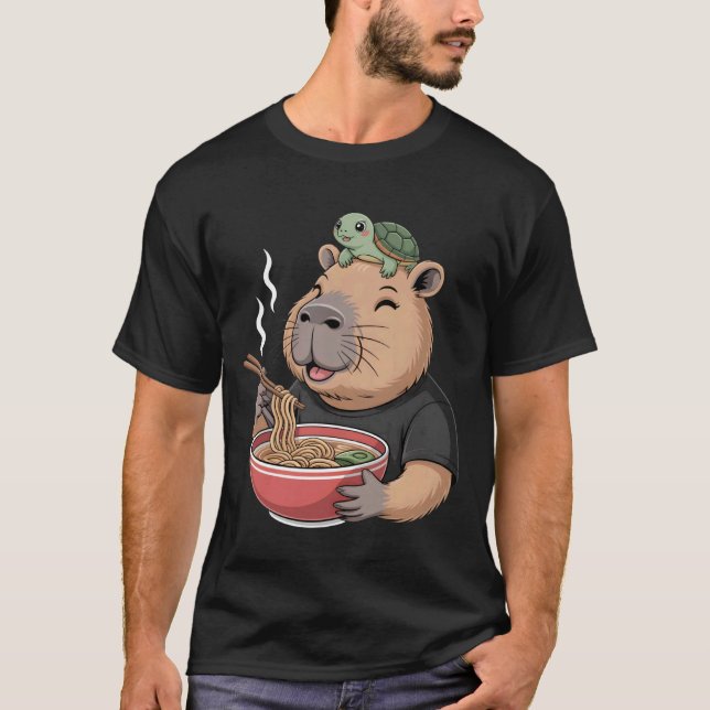Camiseta Lindo Capivara Comendo Ramen com Tartaruga Comida  (Frente)
