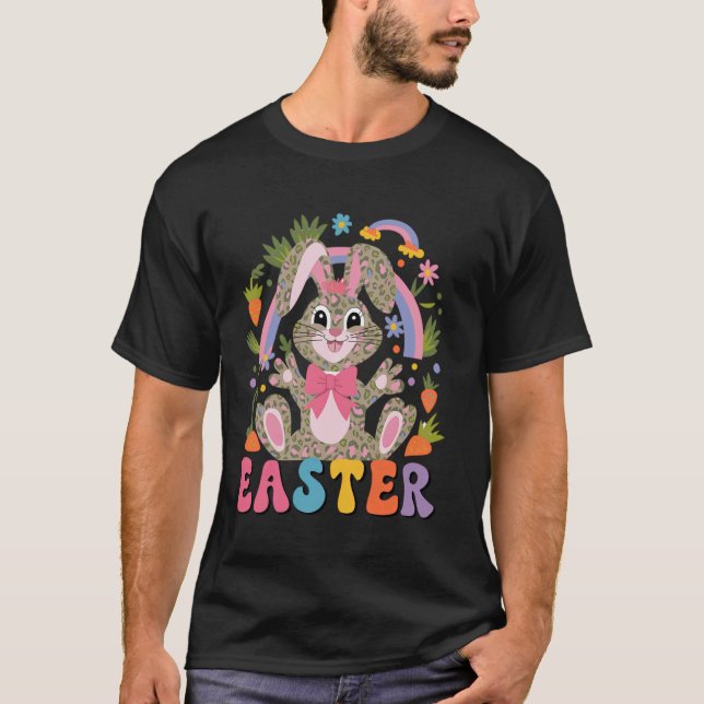 Camiseta Lindo Coelho de Páscoa Feliz com Xadrez de Leopard (Frente)