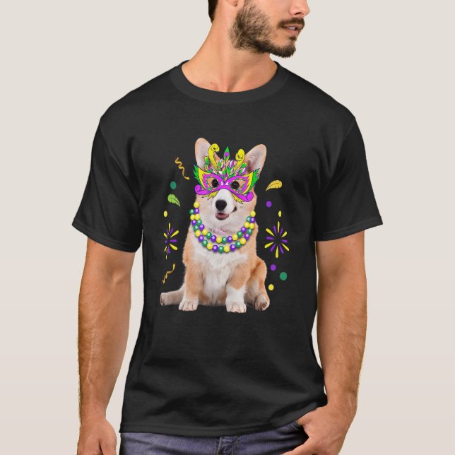 Camiseta Lindo Corgi de Mardi Gras com Máscara e Contas Cac (Frente)