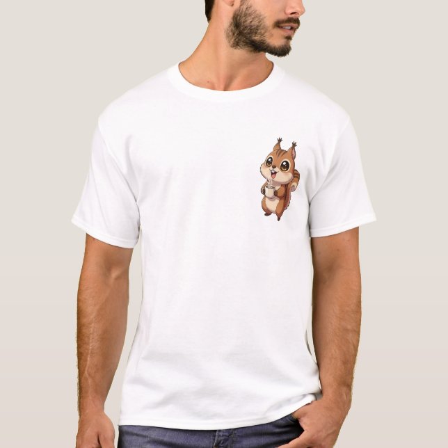 Camiseta Lindo Esquilo Marrom Segurando Caneca de Café Quen (Frente)