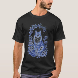 Camiseta Lindo Gato Azul de Chinoiserie com Design Floral C