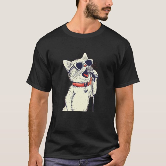 Camiseta Lindo Gato Branco com Microfone de Karaokê para Co (Frente)