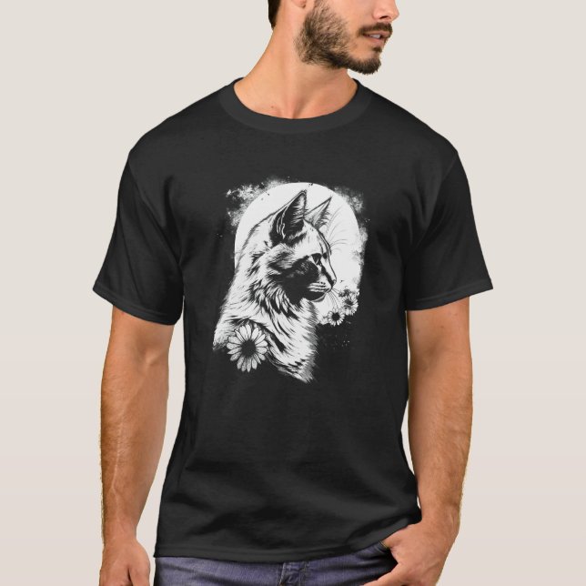 Camiseta lindo gato e girassol com silhueta da lua   (Frente)