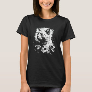 Camiseta lindo gato e silhueta de girassol retrato w