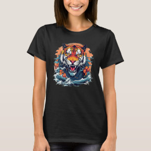 Camiseta Lindo Gato Tigre com Ondas do Mar em Estilo Japonê