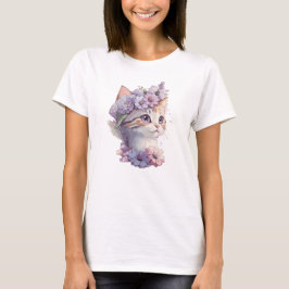 Camiseta Lindo Gato Violeta Aquarela com Flora
