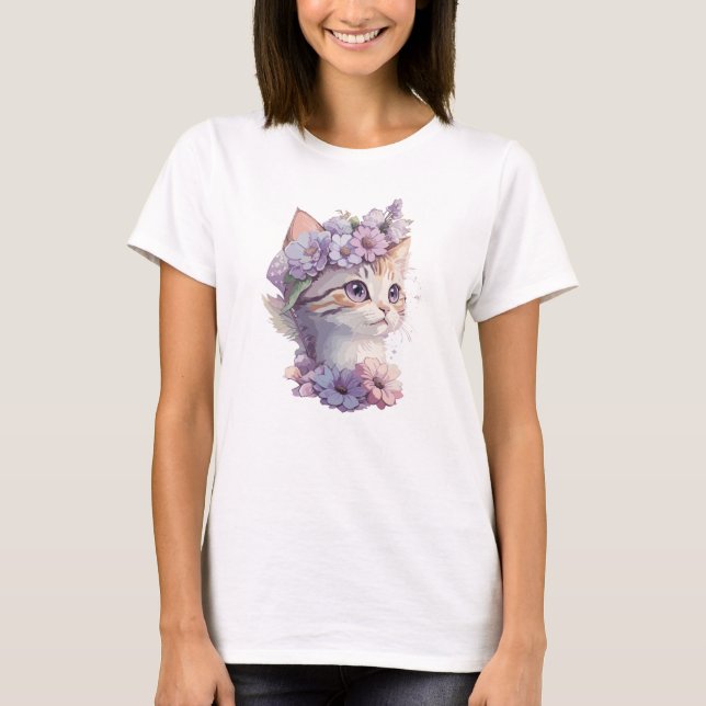 Camiseta Lindo Gato Violeta Aquarela com Flora (Frente)