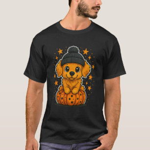 Camiseta Lindo Golden Retriever no Outono com Boné e Abóbor
