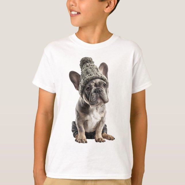 Camiseta Lindo Gorro de Cachorro Bulldog Francês para Crian (Frente)