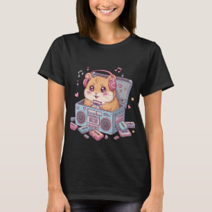 Camiseta Lindo Kawaii Hamster Amante de Música Cassete Retr