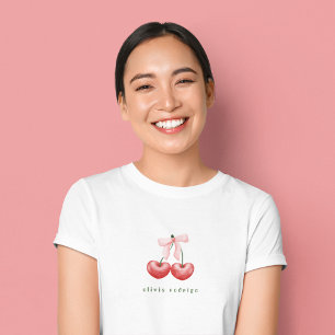 Camiseta Lindo Laço de Coração de Cereja Vermelho e Rosa