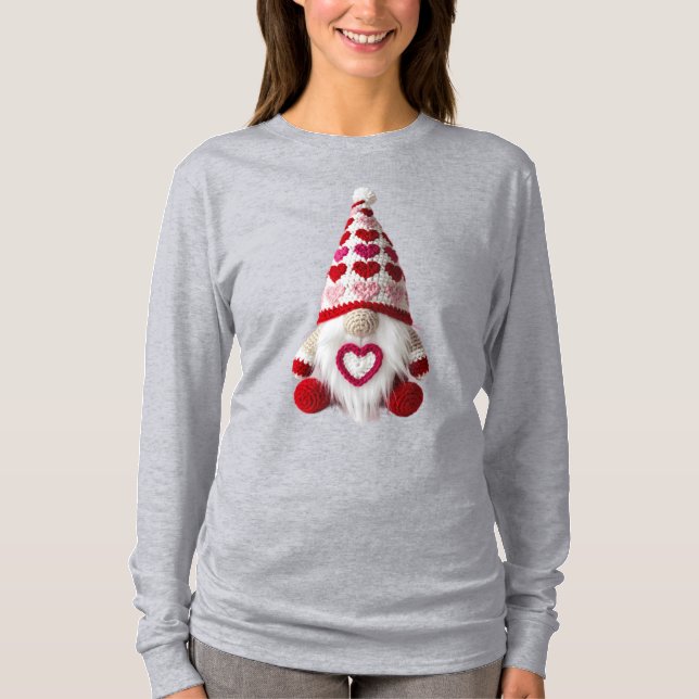 Camiseta Lindo Modelo de Coração de Crochê Gnome do Dia dos (Frente)