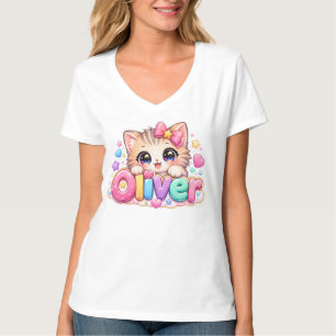 Camiseta Lindo Nome de Gato Oliver Kawaii Pastel Rosa Brilh