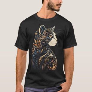 Camiseta Lindo Padrão Floral de Gato Azul e Bege Marrom Cla
