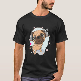 Camiseta Lindo Pug Com Fones de Ouvido Dono de Pug Cachorro