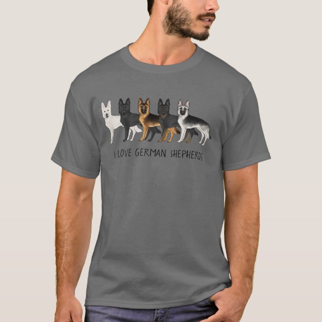 Camiseta Lindos cães pastores alemães Eu amo pastores alemã (Frente)