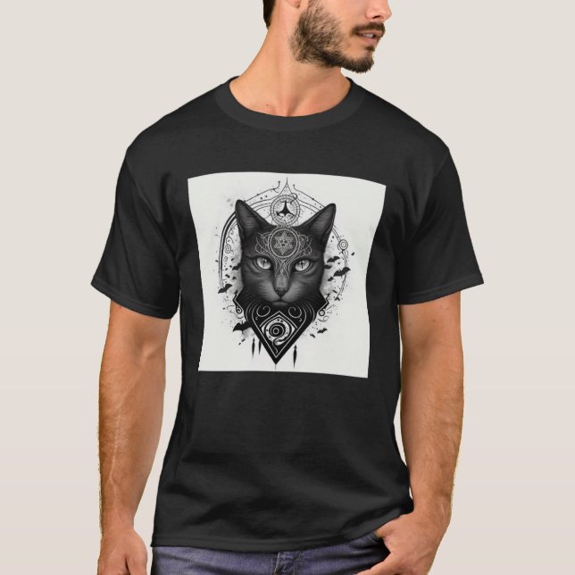 Camiseta Line Gothic Cat with Wiccan and Occult Symbols  1 (Frente)