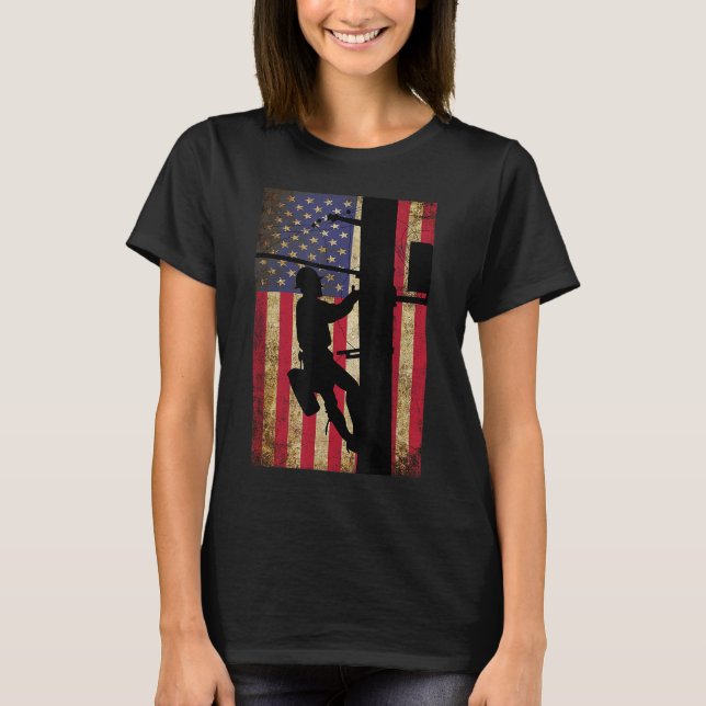 Camiseta Lineman American Flag Cable Lineman Gift (Frente)
