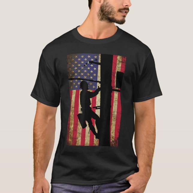 Camiseta Lineman American Flag Cable Lineman Gift (Frente)