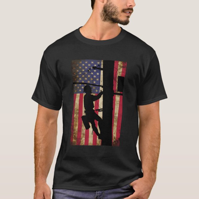 Camiseta Lineman American Flag Cable Lineman Gift (Frente)