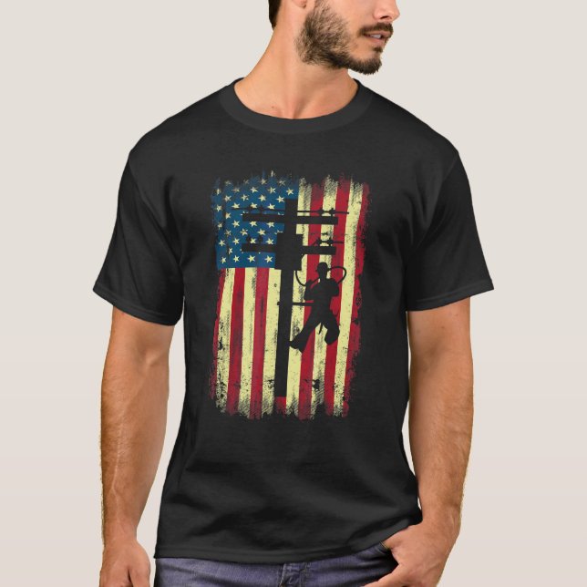 Camiseta Lineman American Flag  Electric Cable Lineman (Frente)