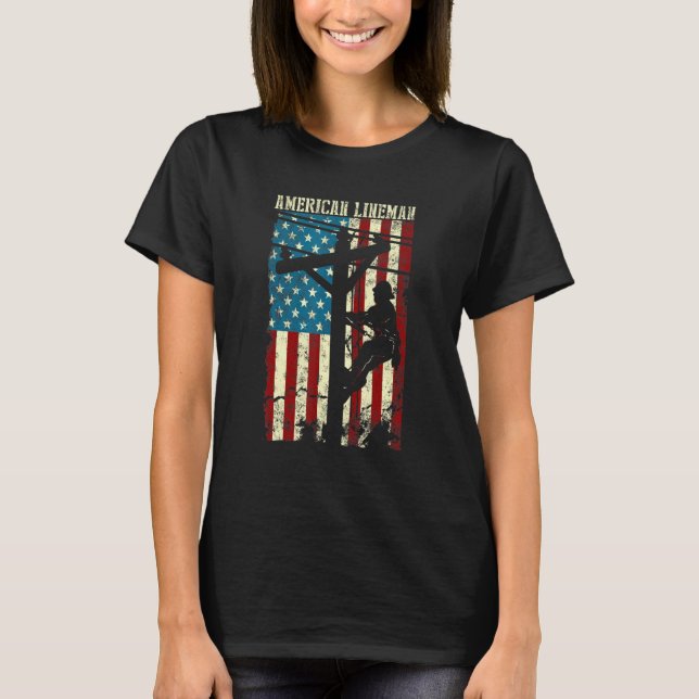 Camiseta Lineman American Flag Electric Cable Patriótico (Frente)