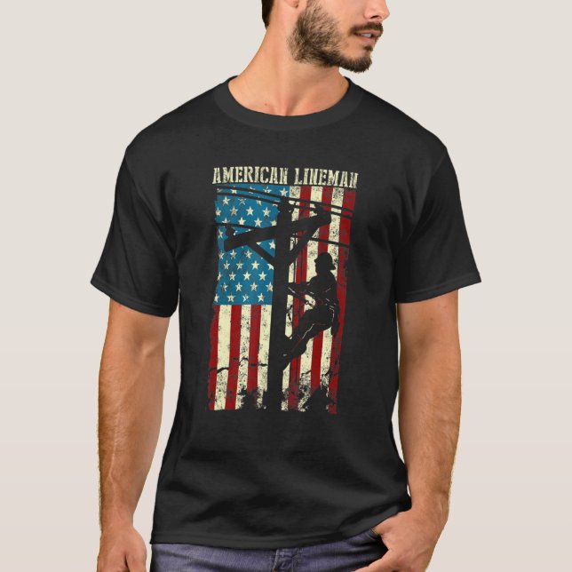 Camiseta Lineman American Flag Electric Cable Patriótico (Frente)