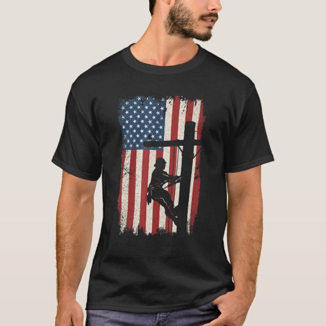 Camiseta Lineman American Flag Electric Lineworker 4th Of J (Frente)