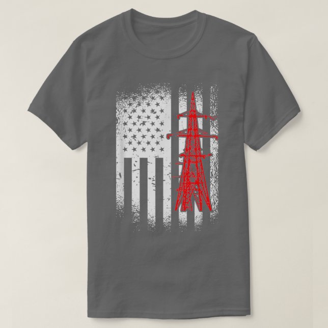 Camiseta Lineman American Flag Retro Eletro Dia do Trabalho (Frente do Design)