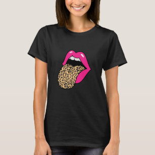 Camiseta Língua Leopardo de Lábios Rosa Quente
