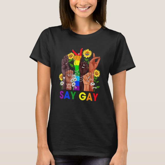 Camiseta Linguagem De Sinal De Mão Diga Gay Falando Lgbt Or (Frente)