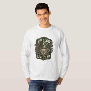 Camiseta Linha de Café Vintage e Botânica Sip Slow Live Dee