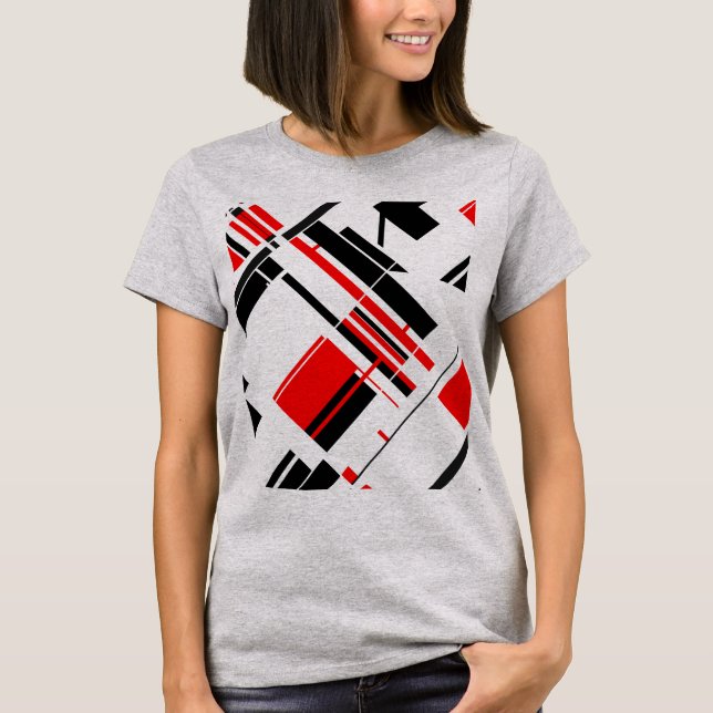 Camiseta Linhas de Formas Diagonais Pretas Vermelhas com in (Frente)
