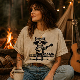 Camiseta Linocut Vintage Guaxinim Sentado no Cerca Tocando