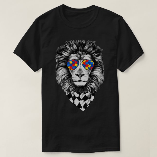 Camiseta Lion Autismo Atenção Autismo Autismo Quebra-cabeça (Frente do Design)