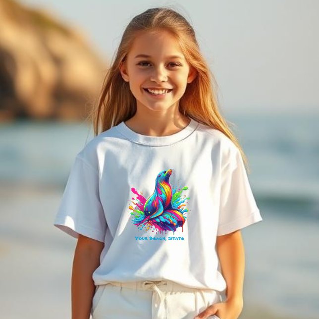 Camiseta Lion do Mar Colorido - (Colorful Sea Lion-Fisherman Core-Dopamine Dressing-kids T shirt)