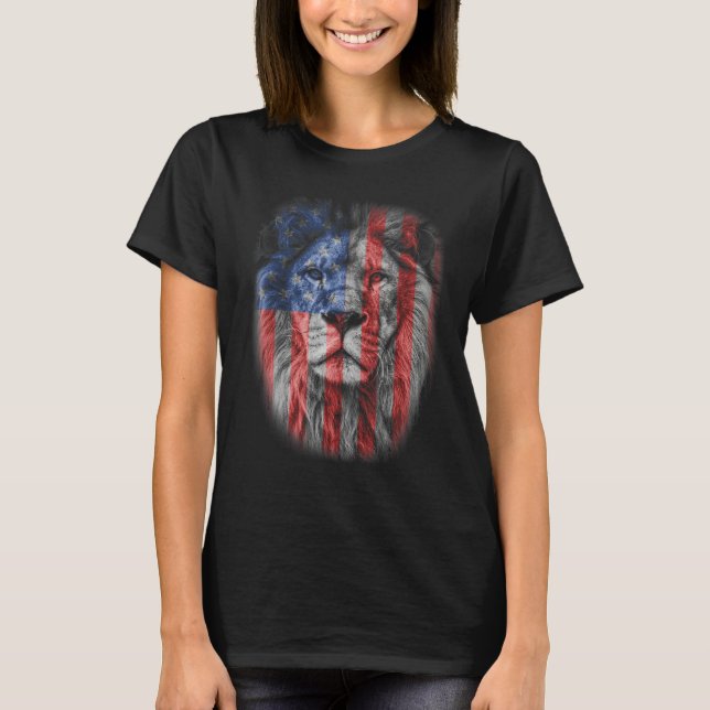 Camiseta Lion Head Graphic American Patriotic Lion USA Flag (Frente)