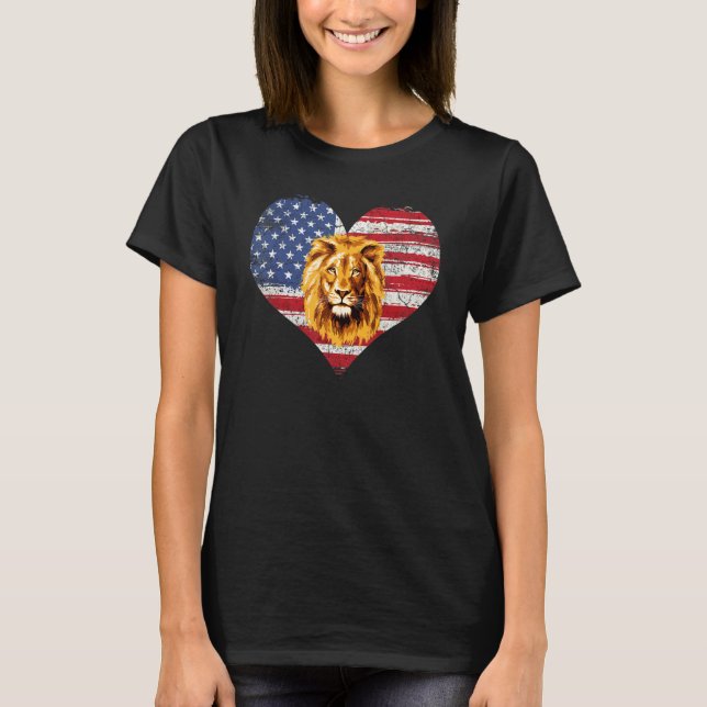 Camiseta Lion Heart American Flag 4 De Julho Usa Flag (Frente)