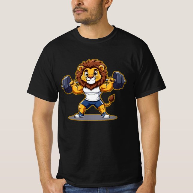 Camiseta Lion Lifting Light Weights – Cute Gym Animal Illus (Frente)