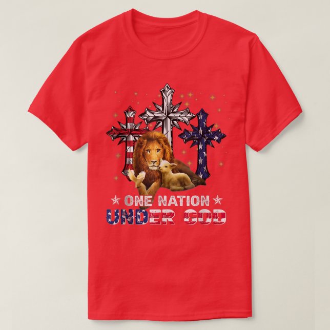 Camiseta Lion One Nation Sob a bandeira de Deus Cross Ameri (Frente do Design)